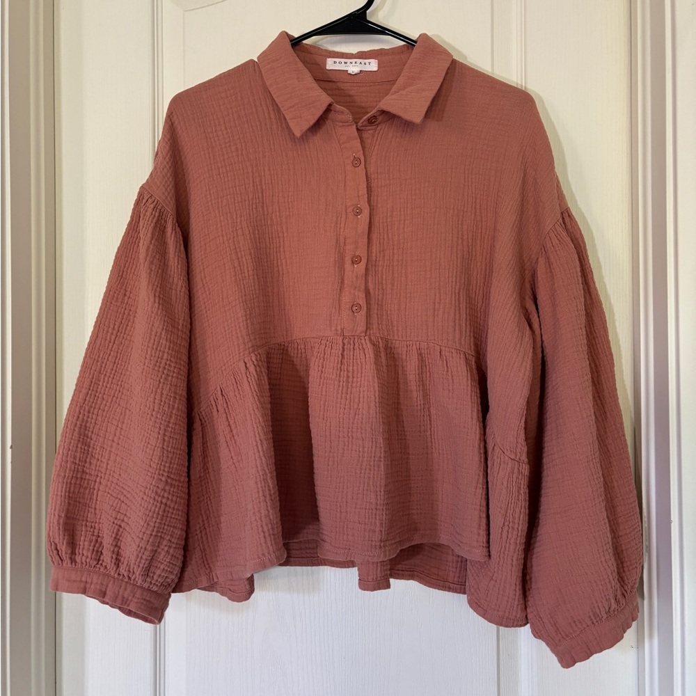 Downeast Textured Gauze Peplum Button Top Terracotta XL